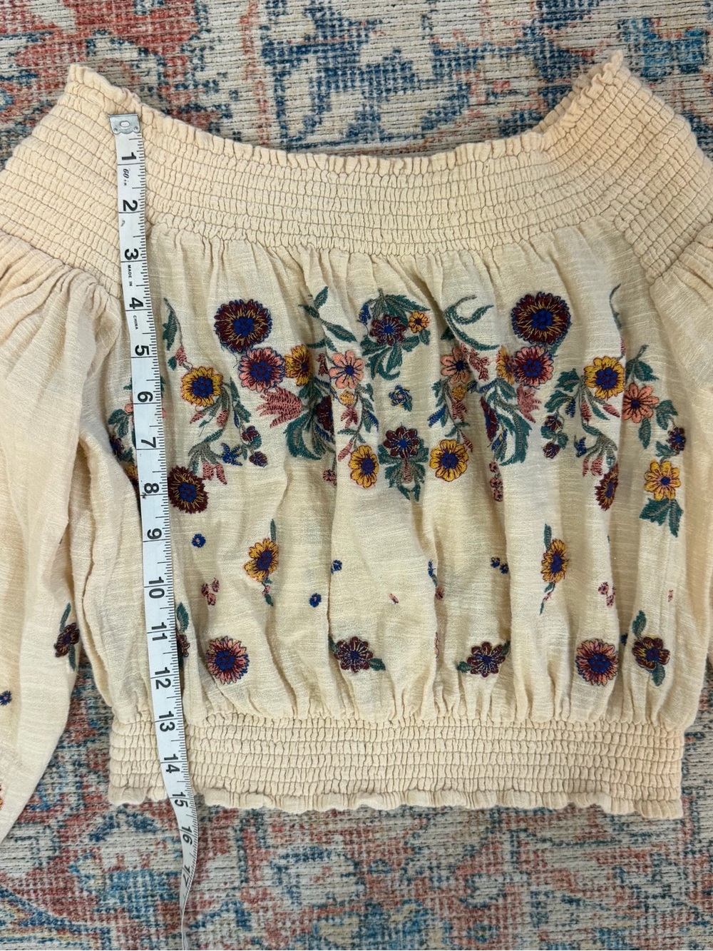 Free People Le Petite Top S Ivory Floral Embroidered Boho Peasant Off Shoulder - Picture 6 of 10